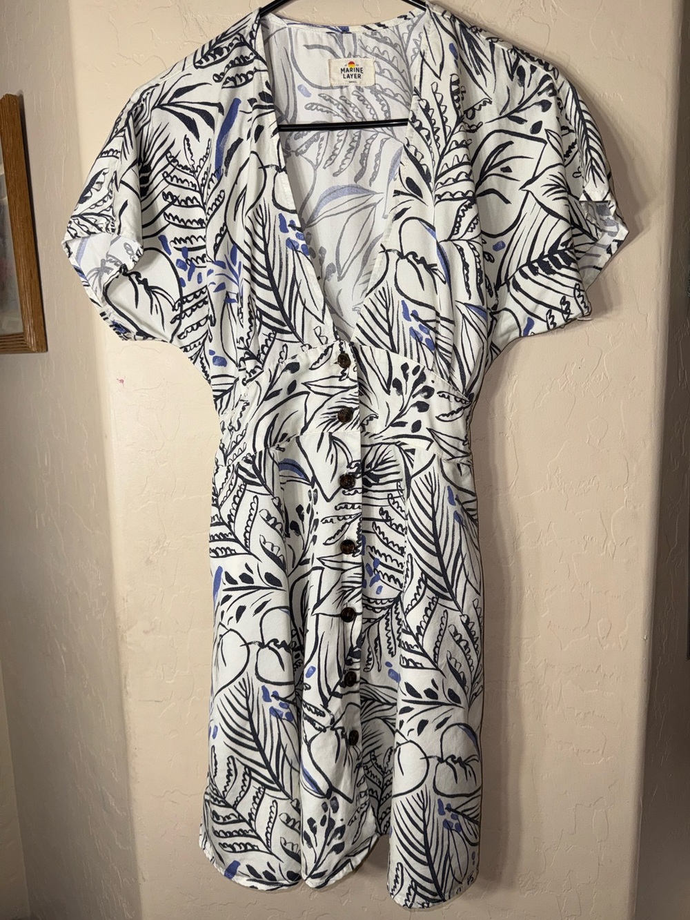 Marine Layer Tropical Leaf Print Button Front Romper White Blue Black Small